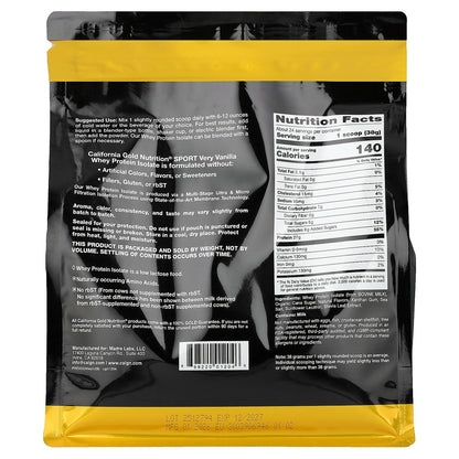 California Gold Nutrition, Sport, Whey Protein Isolate with Organic Cane Sugar, with Sunflower Lecithin, Very Vanilla, 2 lb (907 g)
