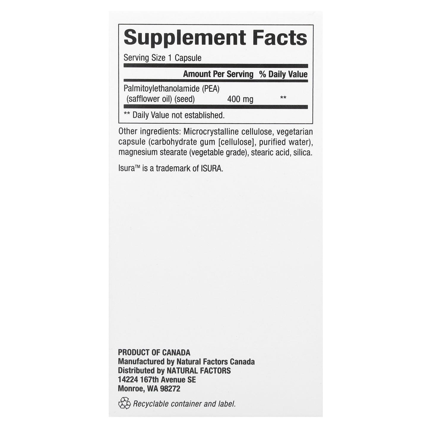 Natural Factors, PEA400, (Palmitoylethanolamide), 400 mg, 90 Vegetarian Capsules