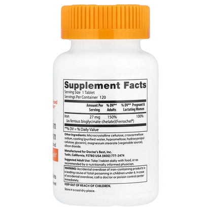 Doctor's Best, High Absorption Iron, 27 mg, 120 Tablets