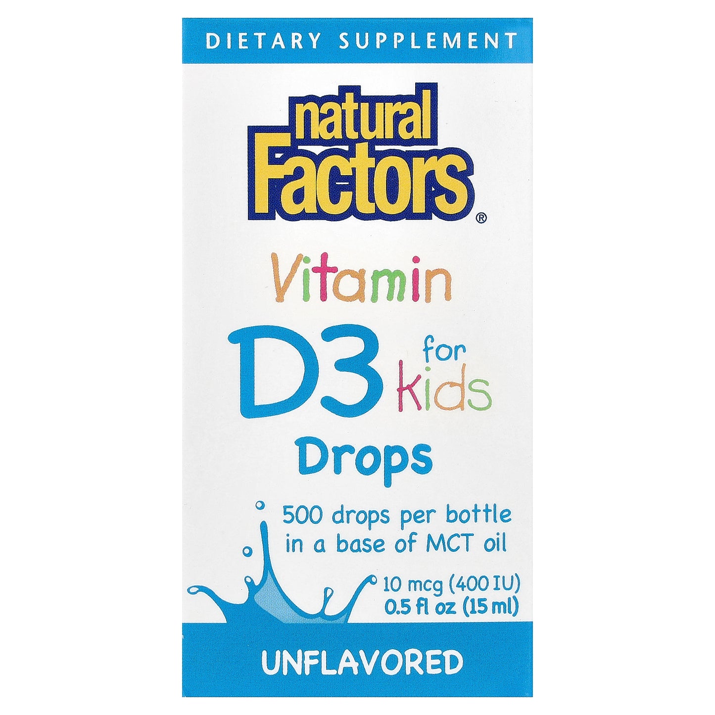 Natural Factors, Vitamin D3 Drops for Kids, Unflavored, 0.5 fl oz (15 ml)