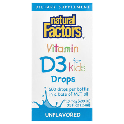 Natural Factors, Vitamin D3 Drops for Kids, Unflavored, 0.5 fl oz (15 ml)