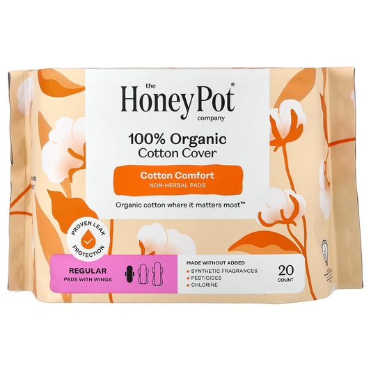 The Honey Pot Company, 100% Organic Cotton Cover, Non-Herbal Pads with Wings, Regular, 20 Count
