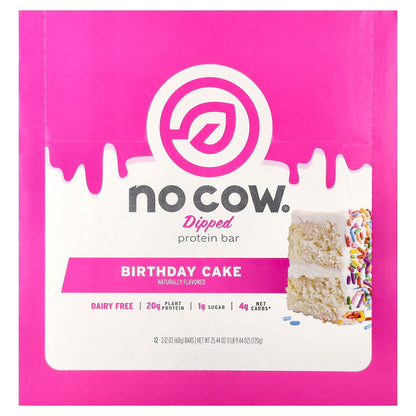 No Cow, Dipped Protein Bar, Birthday Cake, 12 Bars, 2.12 oz (60 g) Each