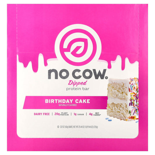 No Cow, Dipped Protein Bar, Birthday Cake, 12 Bars, 2.12 oz (60 g) Each