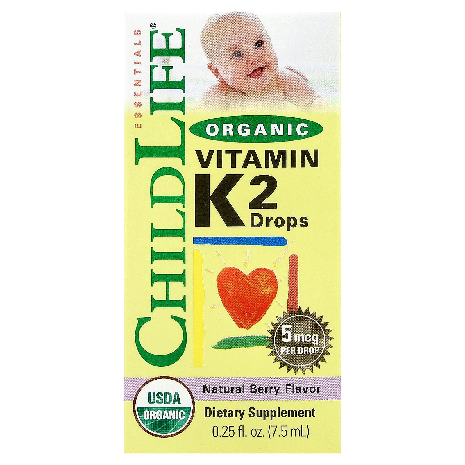 ChildLife Essentials, Organic Vitamin K2 Drops, Natural Berry, 5 mcg, 0.25 fl oz (7.5 ml)