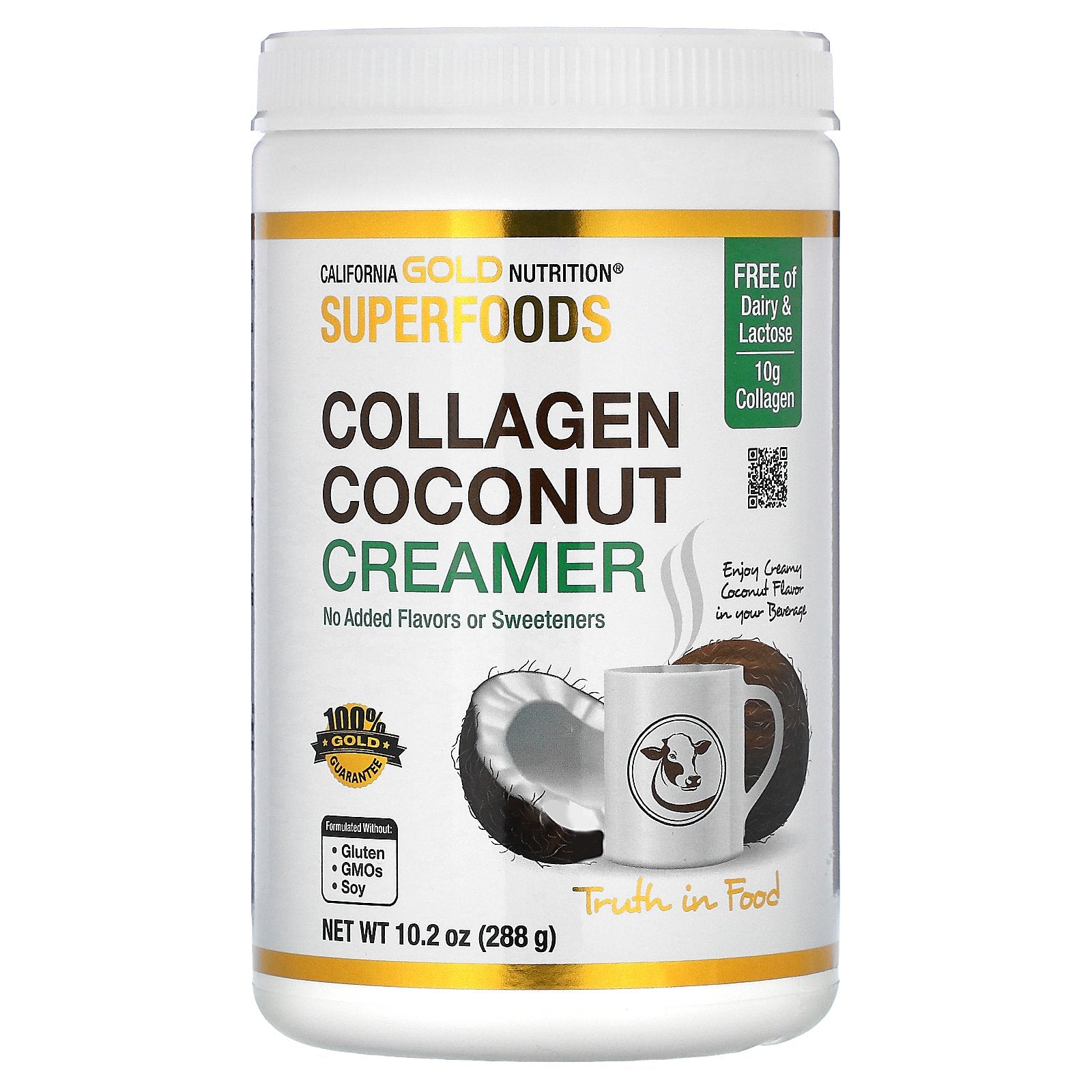 California Gold Nutrition, Superfoods, Collagen Coconut Creamer with Organic Coconut Milk Powder, Hydrolyzed Collagen Peptides, Organic Tapioca Maltodextrin, and Bamboo Extract, Unsweetened, 10.2 oz (288 g)