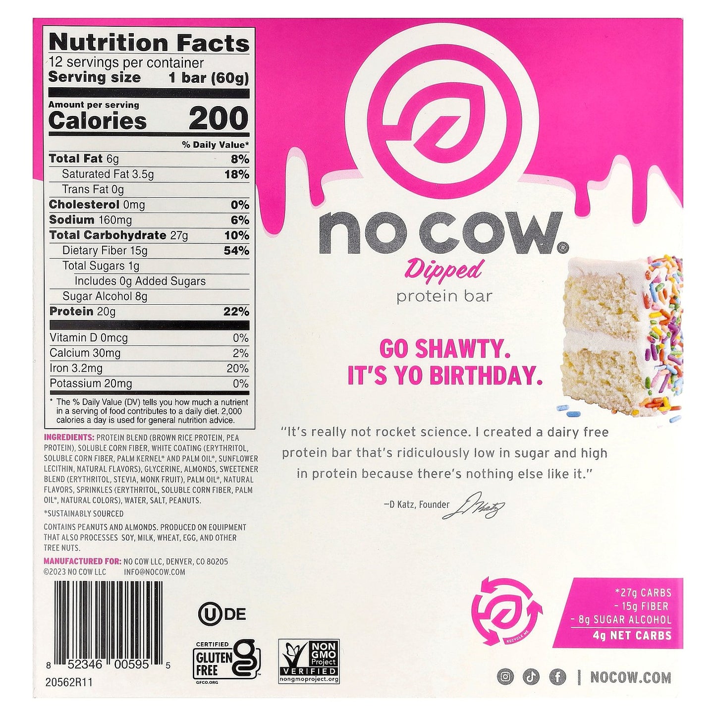 No Cow, Dipped Protein Bar, Birthday Cake, 12 Bars, 2.12 oz (60 g) Each