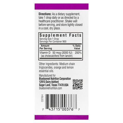 Bluebonnet Nutrition, Liquid Vitamin D3 Drops, Citrus, 50 mcg (2,000 IU), 1 fl oz (30 ml)