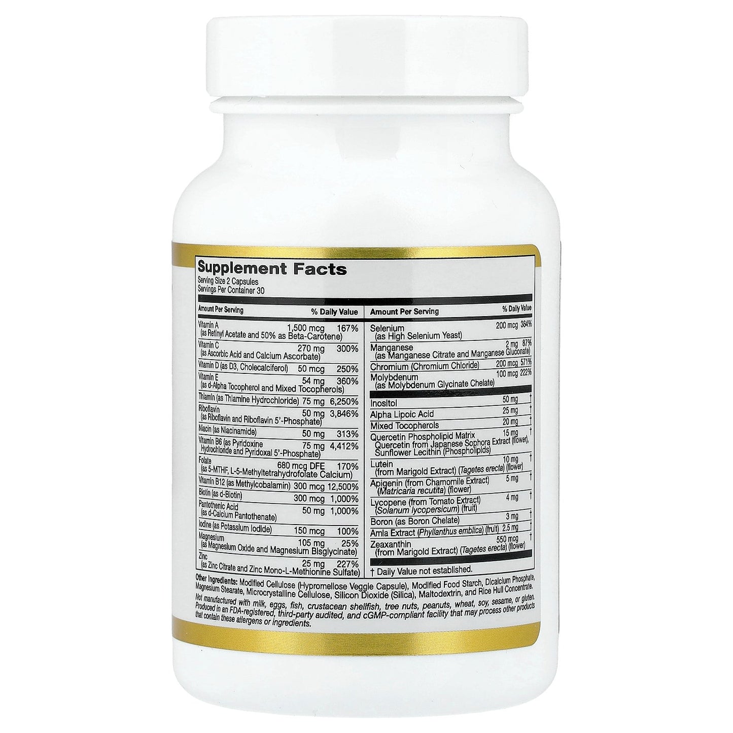 California Gold Nutrition, Multivitamin and Mineral with Methyl B12, Vitamin C, L-MethylFolate and Bio-Quercetin, Two-A-Day, 60 Veggie Capsules