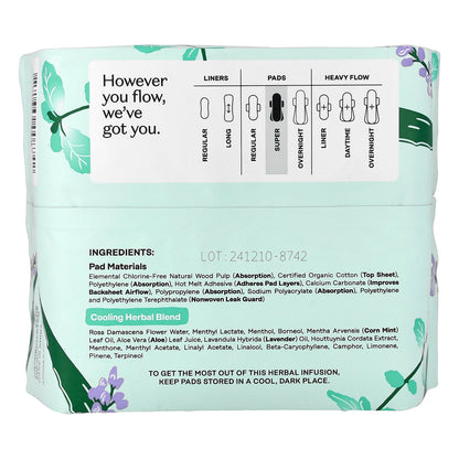 The Honey Pot Company, 100% Organic Cotton Cover, Pads with Wings, Super, 16 Count