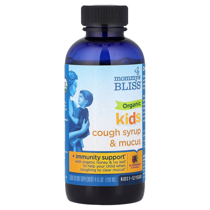 Mommy's Bliss, Kids Organic Cough Syrup & Mucus + Immunity Support, 1-12 Yrs, Elderberry, 4 fl oz (120 ml)