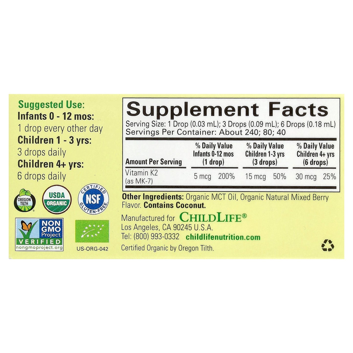 ChildLife Essentials, Organic Vitamin K2 Drops, Natural Berry, 5 mcg, 0.25 fl oz (7.5 ml)