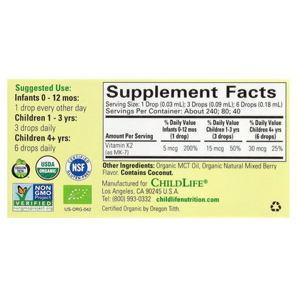 ChildLife Essentials, Organic Vitamin K2 Drops, Natural Berry, 5 mcg, 0.25 fl oz (7.5 ml)