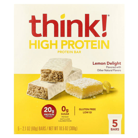 Think !, High Protein Bars, Lemon Delight, 5 Bars, 2.1 oz (60 g) Each