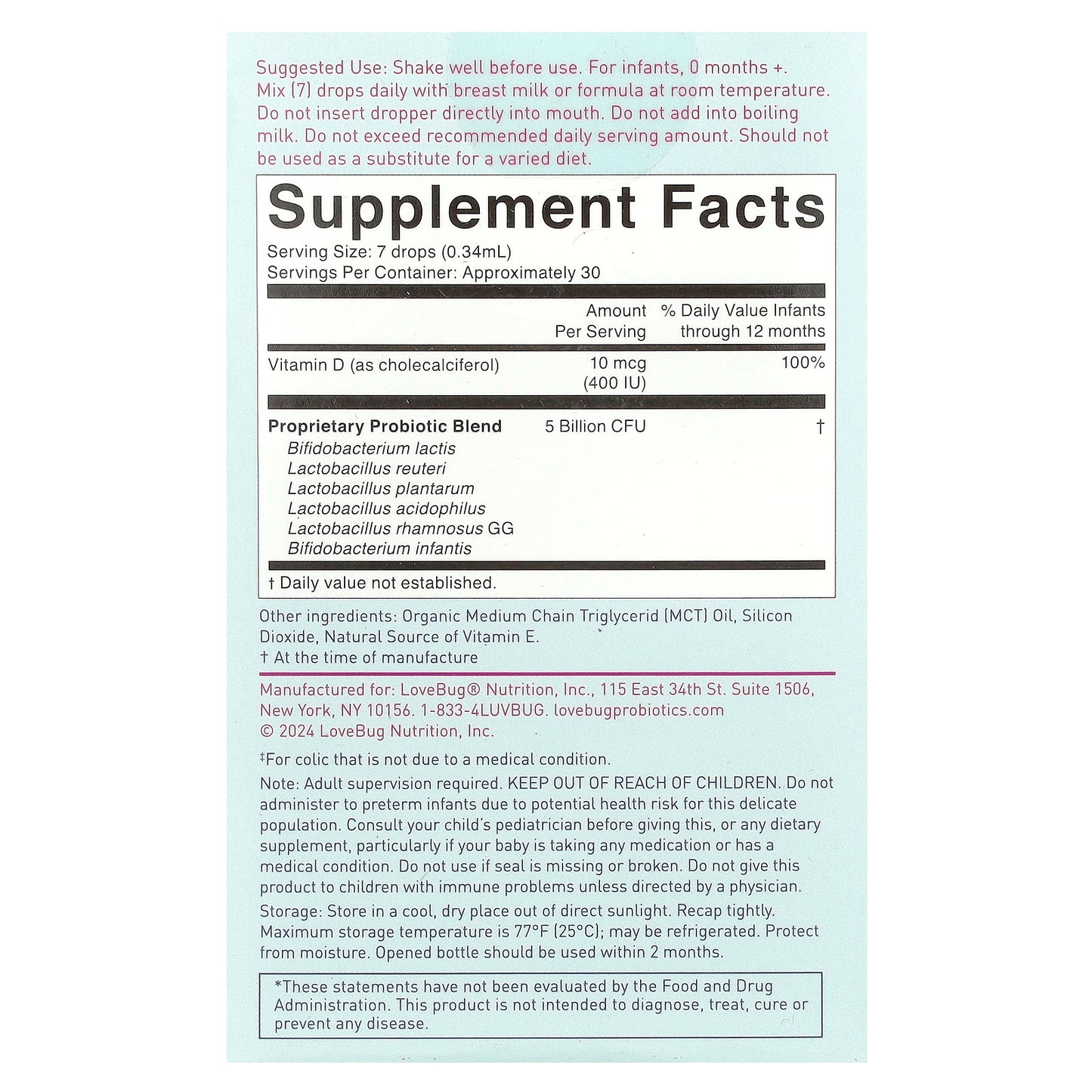 LoveBug Probiotics, Baby Probiotic Drops with Vitamin D, 0.34 fl oz (10 ml)
