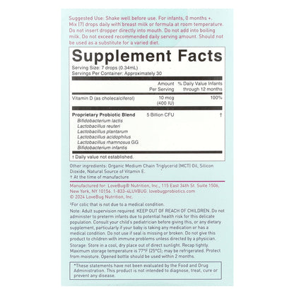 LoveBug Probiotics, Baby Probiotic Drops with Vitamin D, 0.34 fl oz (10 ml)