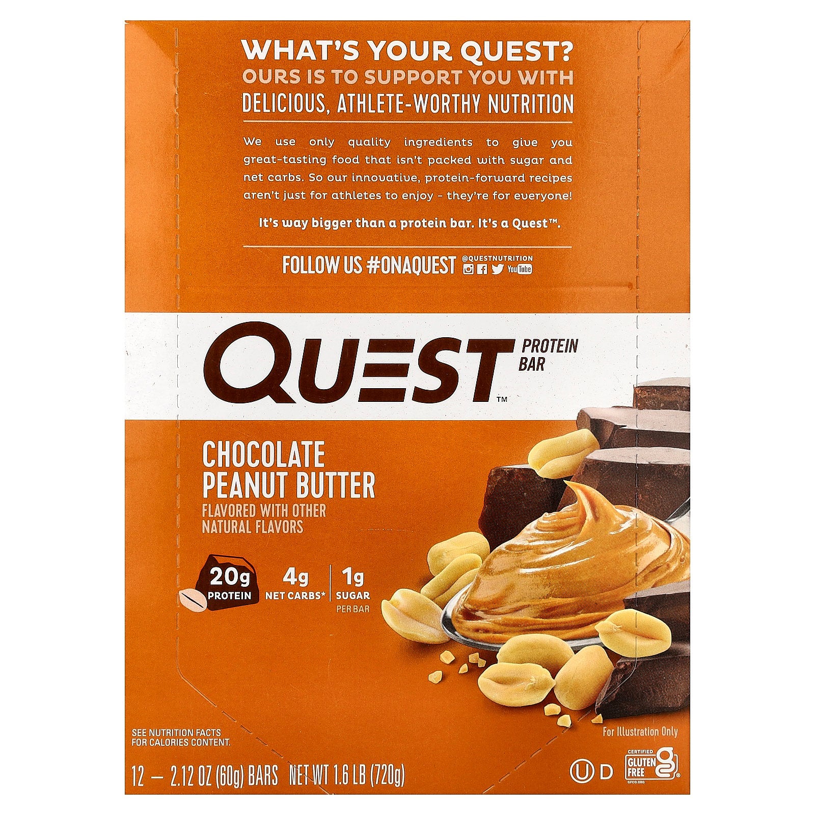 Quest Nutrition, Protein Bar, Chocolate Peanut Butter, 12 Bars, 2.12 oz (60 g) Each