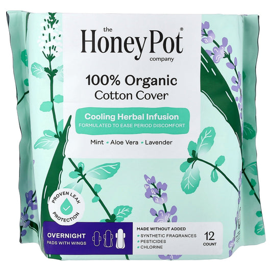 The Honey Pot Company, Organic Cooling Herbal Infusion, Pads with Wings, Overnight, 12 Count