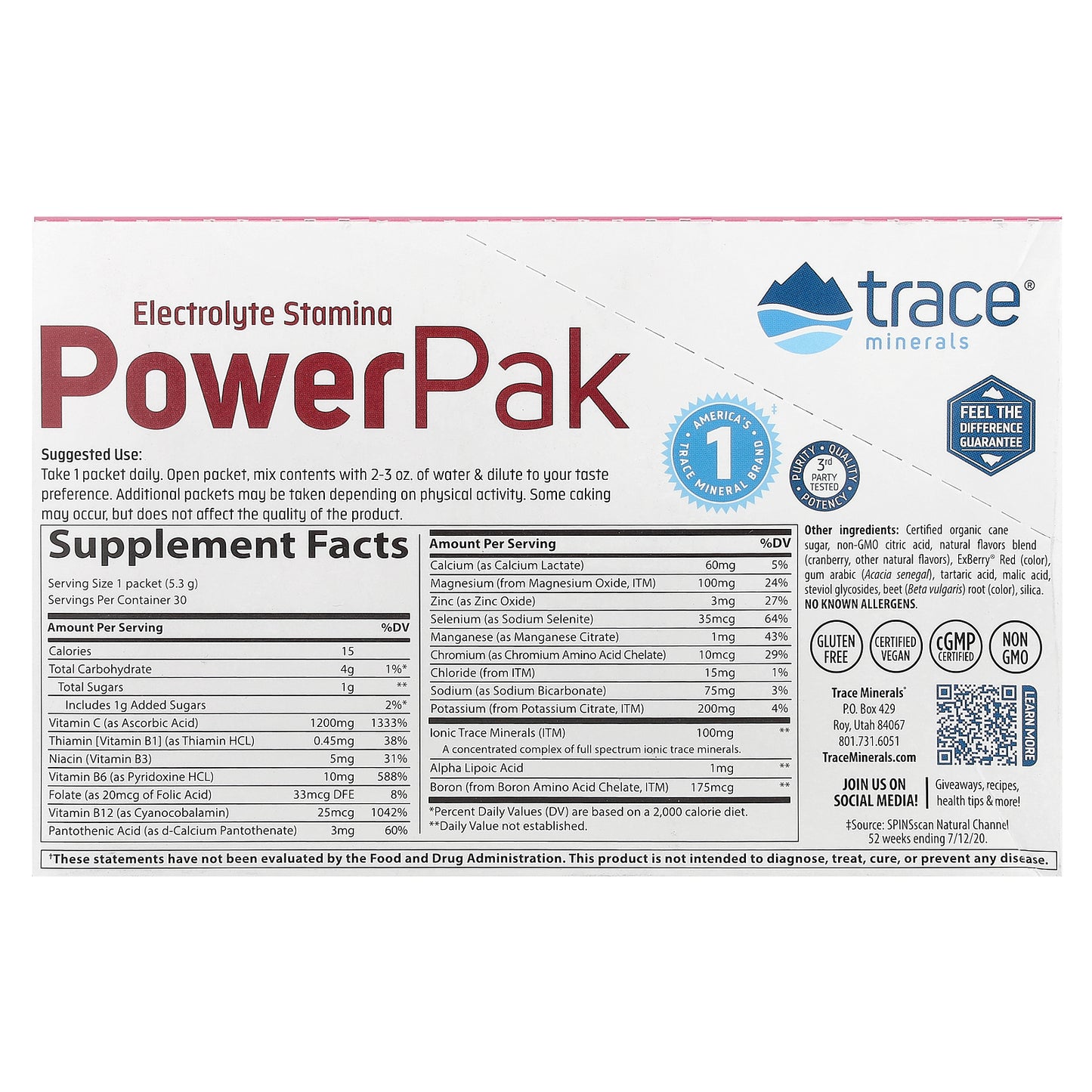 Trace, Electrolyte Stamina PowerPak, Cranberry, 30 Packets, 0.19 oz (5.3 g) Each