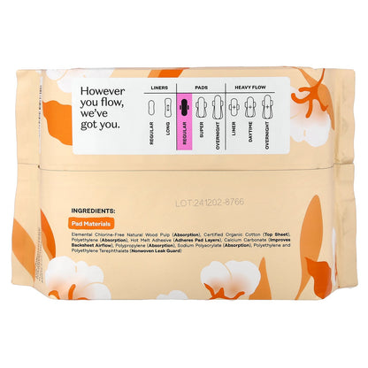 The Honey Pot Company, 100% Organic Cotton Cover, Non-Herbal Pads with Wings, Regular, 20 Count