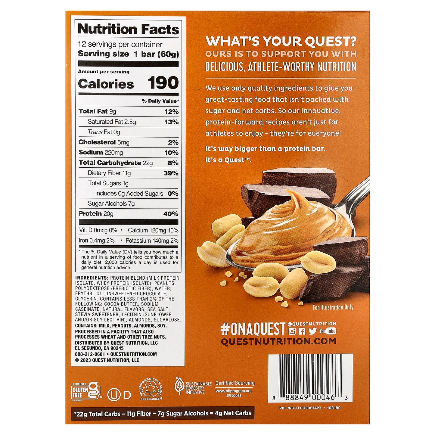 Quest Nutrition, Protein Bar, Chocolate Peanut Butter, 12 Bars, 2.12 oz (60 g) Each