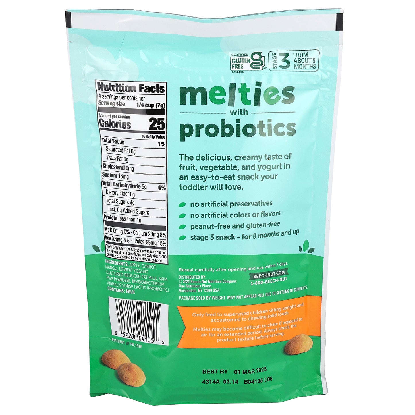 Beech-Nut, Melties with Probiotics, 8+ Months, Apple, Carrot, Mango & Yogurt, 1 oz (28 g)