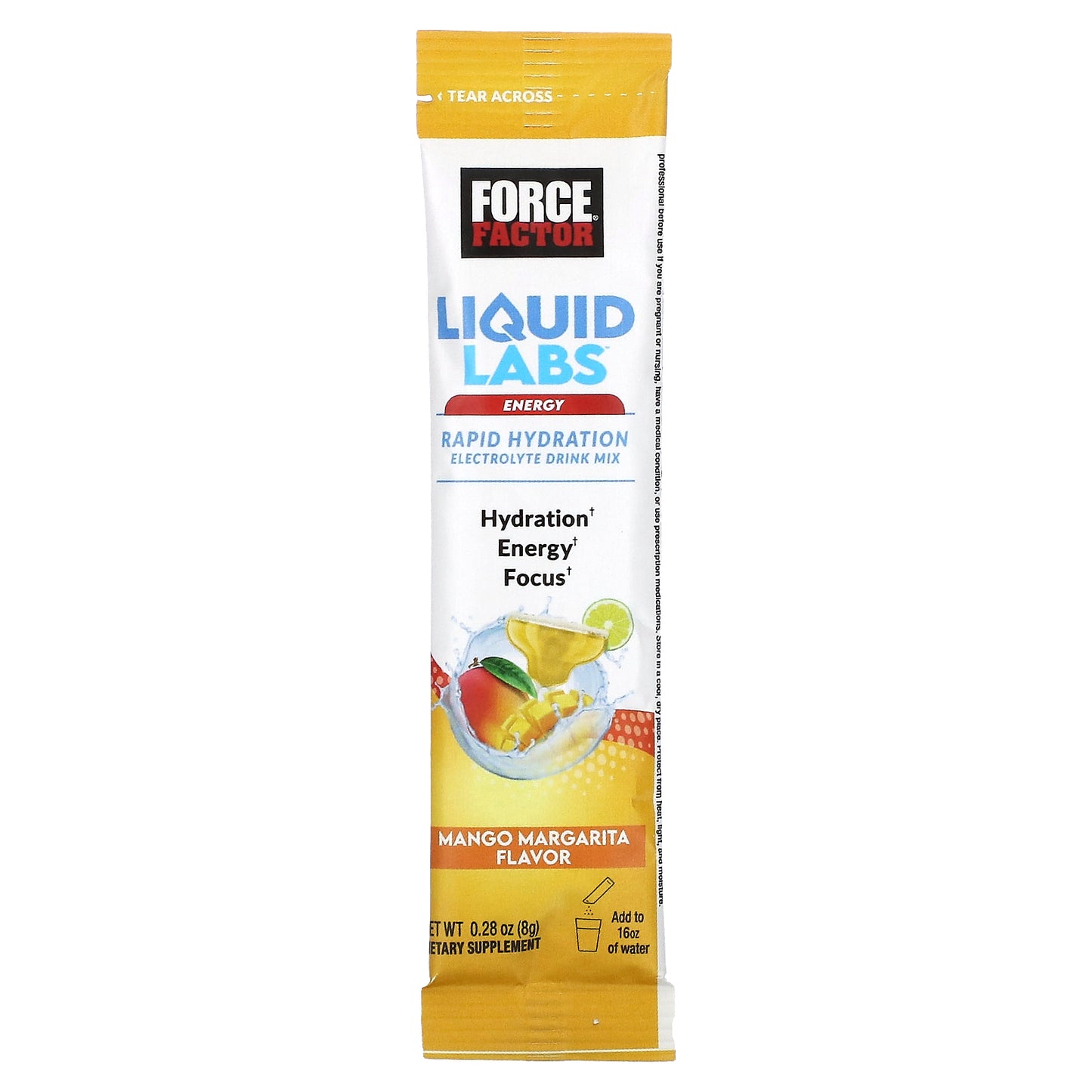 Force Factor, Liquid Labs™ Energy, Rapid Hydration Electrolyte Drink Mix, Mango Margarita, 20 Stick Packs, 0.28 oz (8 g) Each