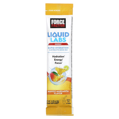 Force Factor, Liquid Labs™ Energy, Rapid Hydration Electrolyte Drink Mix, Mango Margarita, 20 Stick Packs, 0.28 oz (8 g) Each