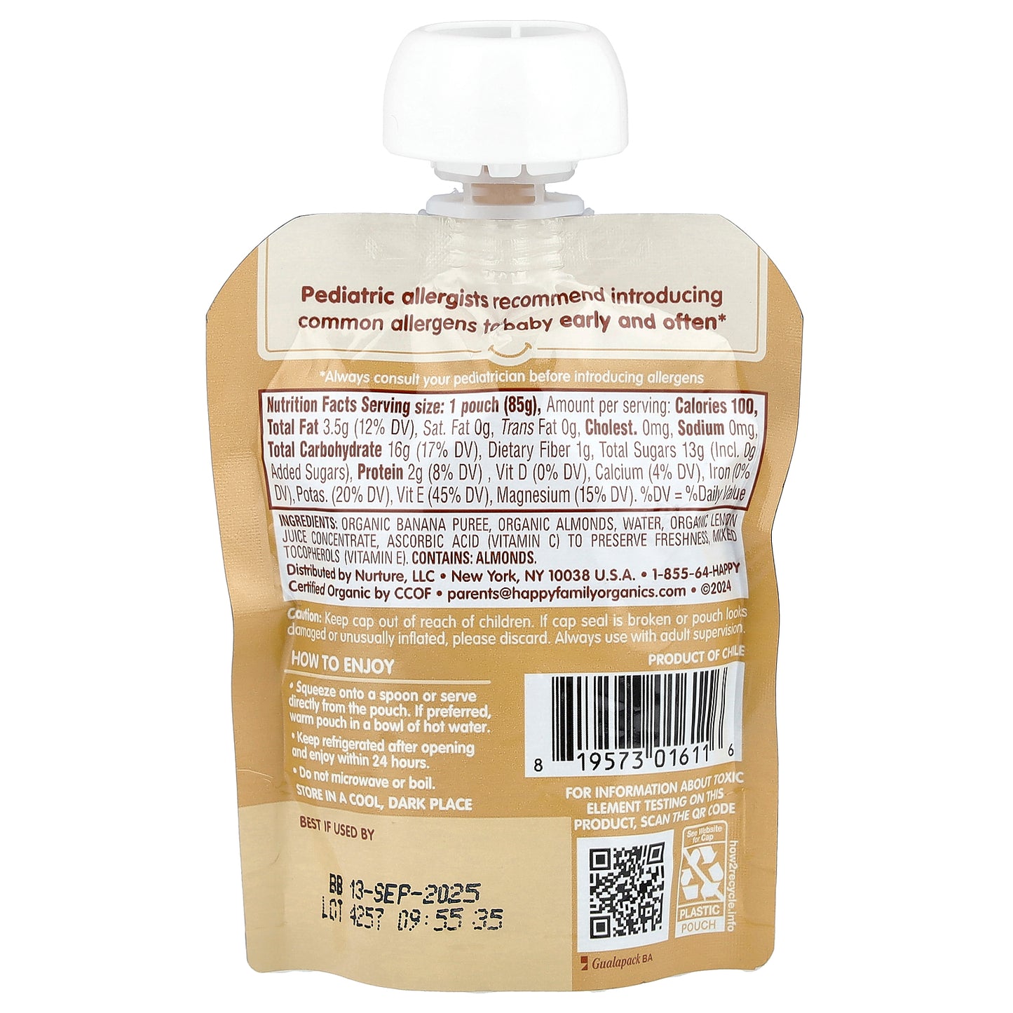 Happy Family Organics, Happy Baby®, Nutty Blends™, 6+ Months, Organic Bananas with 1/2 tsp Almond Butter, 3 oz (85 g)