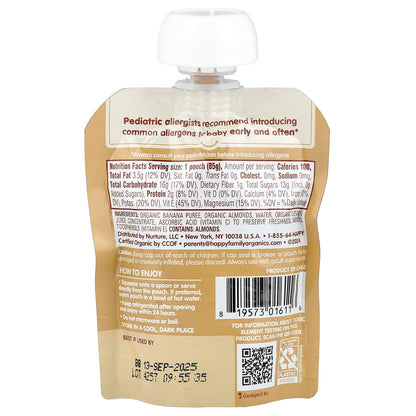 Happy Family Organics, Happy Baby®, Nutty Blends™, 6+ Months, Organic Bananas with 1/2 tsp Almond Butter, 3 oz (85 g)