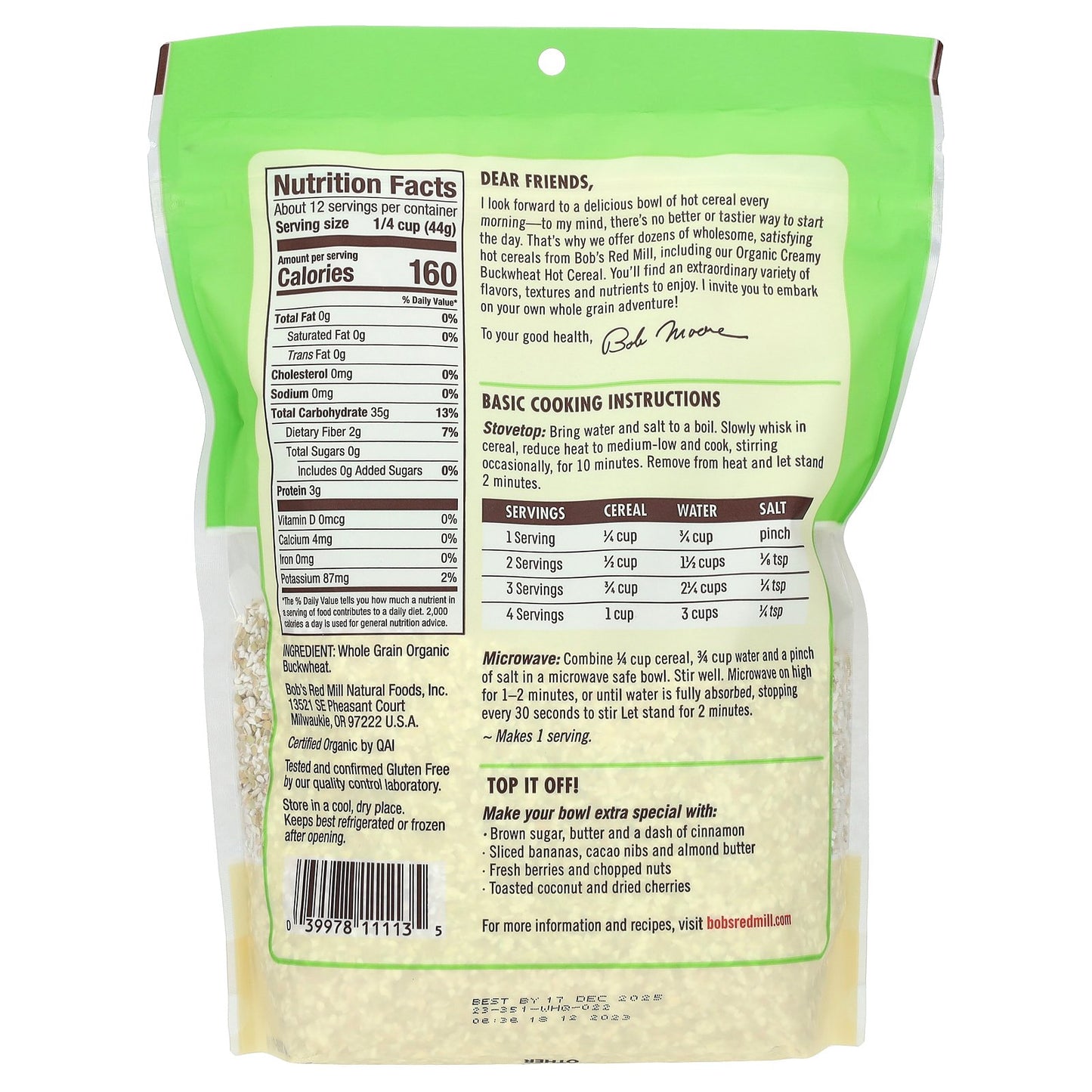 Bob's Red Mill, Organic Creamy Buckwheat Hot Cereal, Whole Grain, Gluten Free, 18 oz (510 g)