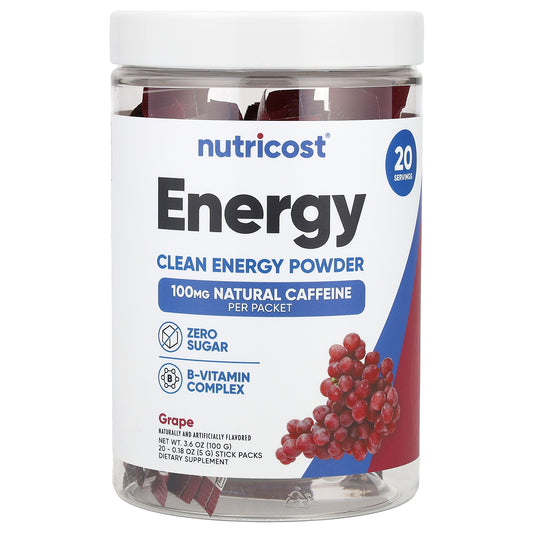 Nutricost, Energy, Clean Energy Powder, Grape, 20 Stick Packs, 0.18 oz (5 g) Each