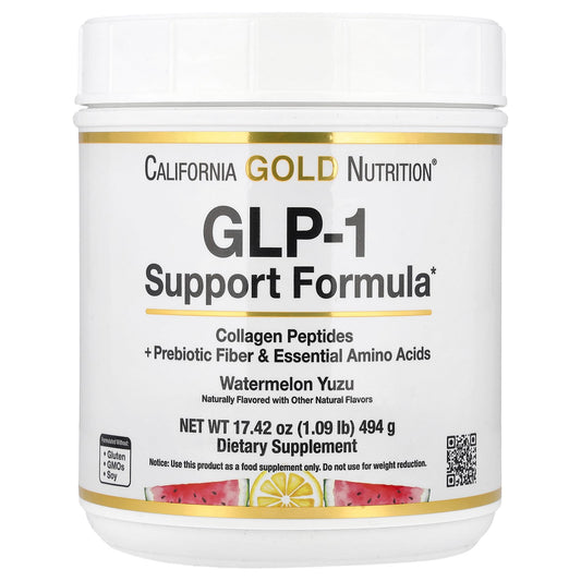 California Gold Nutrition, GLP-1 Support Formula with Collagen Peptides, Prebiotic Fiber & Essential Amino Acids, Watermelon Yuzu, 1.09 lb (494 g)