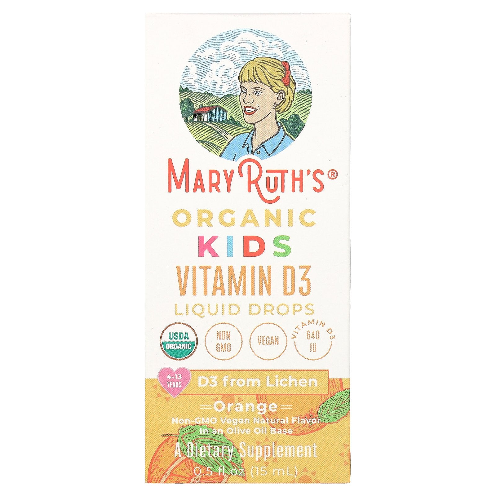 MaryRuth's, Organic Kids Vitamin D3 Liquid Drops, 4-13 Years, Orange, 640 IU, 0.5 fl oz (15 ml)