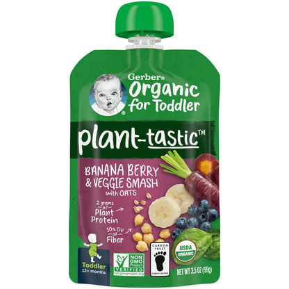 Gerber, Organic for Toddler, Plant-Tastic, 12+ Months, Banana Berry & Veggie Smash with Oats, 3.5 oz (99 g)