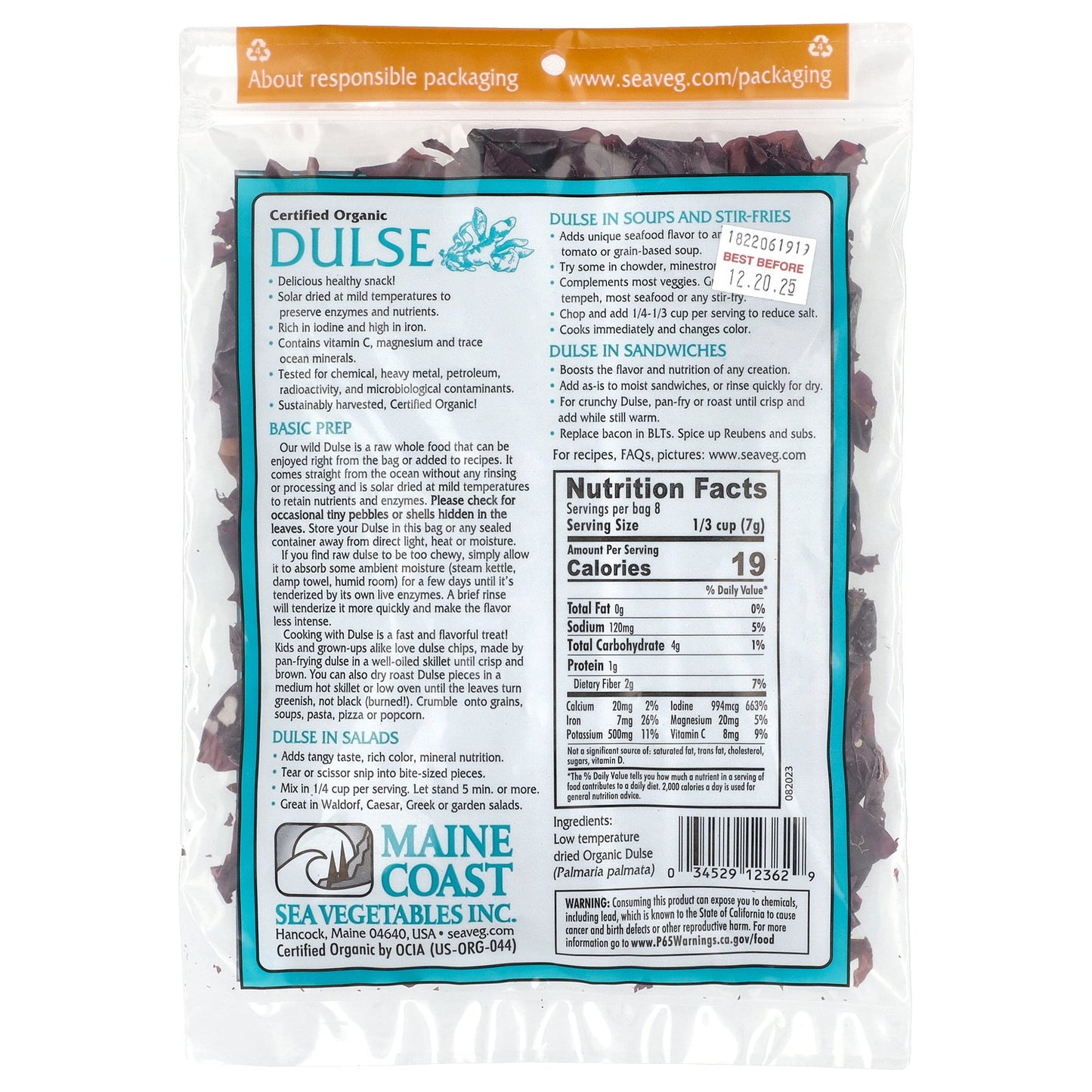 Maine Coast Sea Vegetables, Dulse, Wild Atlantic Sea Vegetable, 2 oz (56 g)