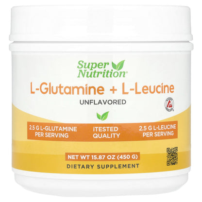 Super Nutrition, L-Glutamine + L-Leucine, Unflavored , 15.87 oz (450 g)