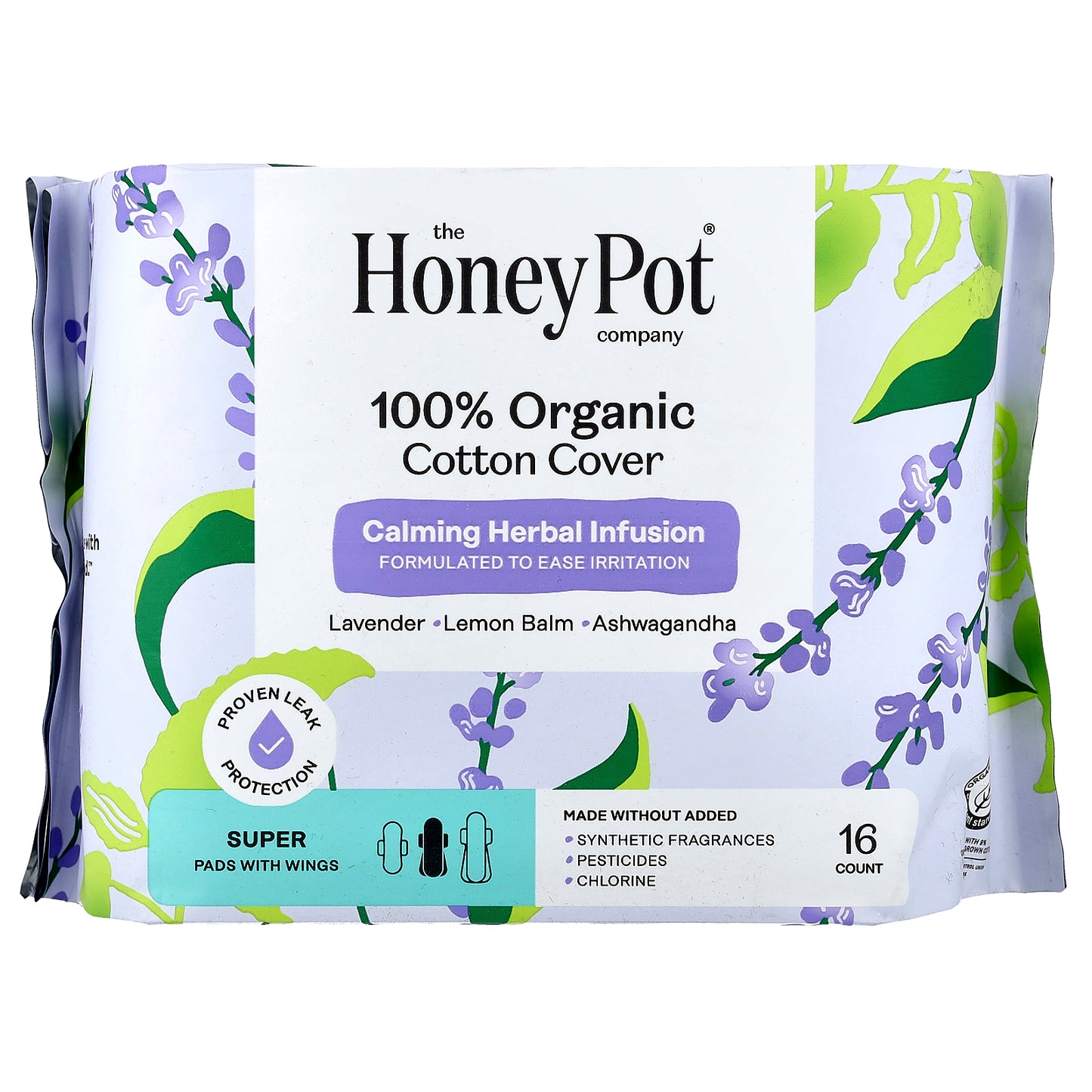 The Honey Pot Company, Organic Calming Herbal Infusion, Pads with Wings, Super, 16 Count