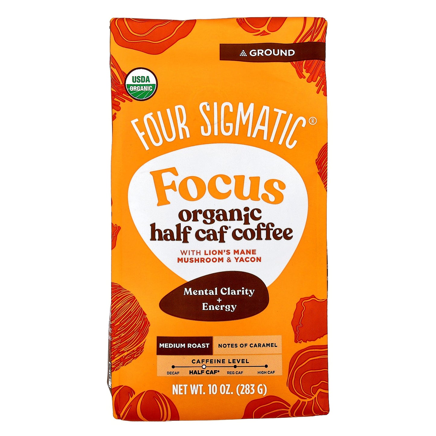 Four Sigmatic, Focus, Organic Half Caf Coffee with Lion's Mane Mushroom & Yacon, Ground, Medium Roast, 10 oz (283 g)