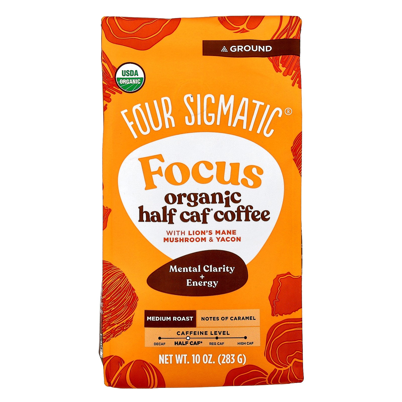 Four Sigmatic, Focus, Organic Half Caf Coffee with Lion's Mane Mushroom & Yacon, Ground, Medium Roast, 10 oz (283 g)