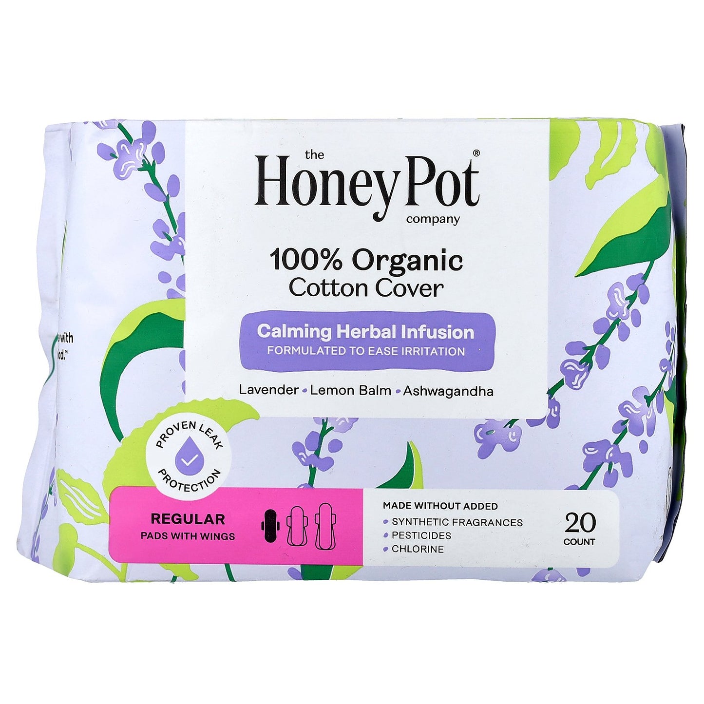 The Honey Pot Company, Organic Calming Herbal Infusion, Pads with Wings, Regular, 20 Count