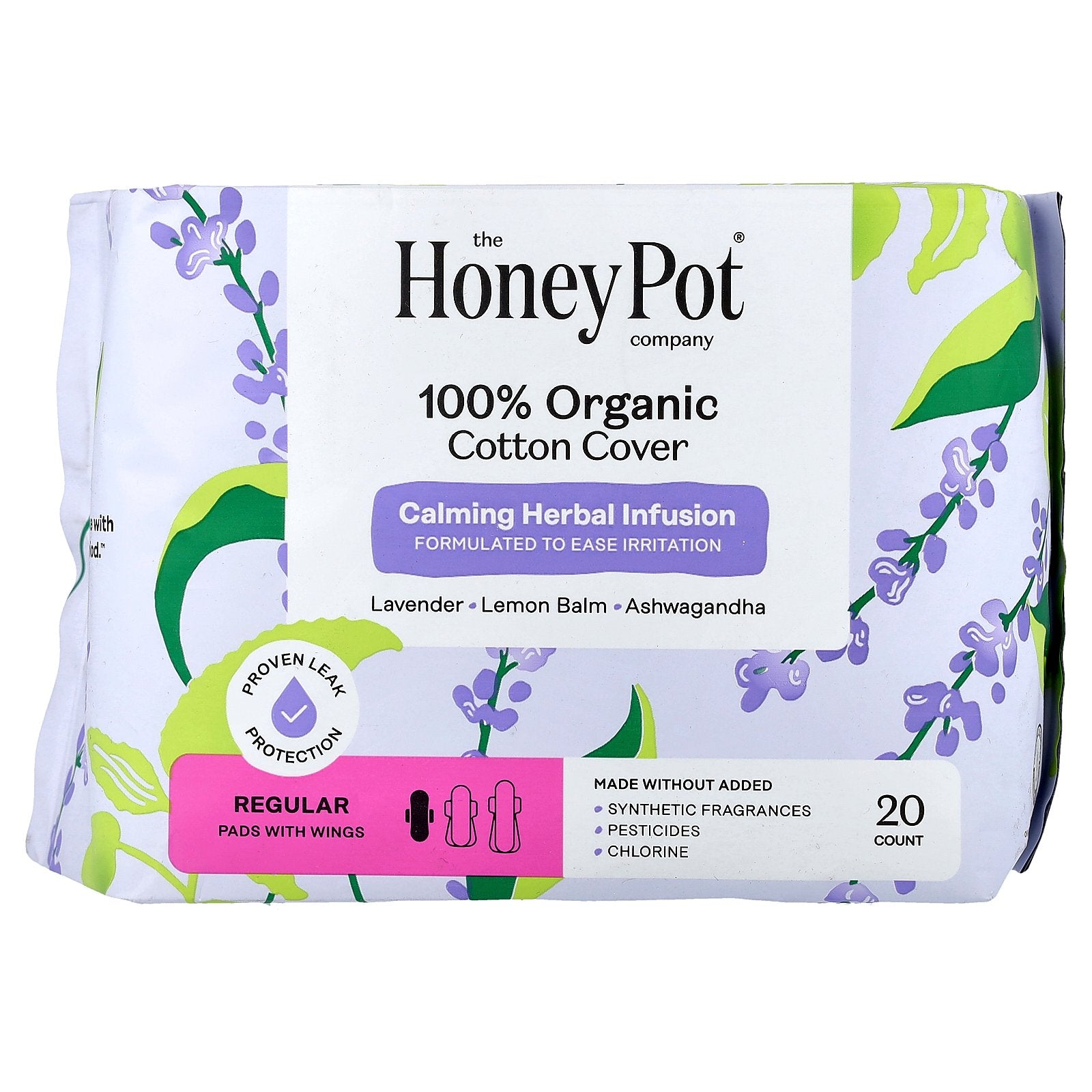 The Honey Pot Company, Organic Calming Herbal Infusion, Pads with Wings, Regular, 20 Count