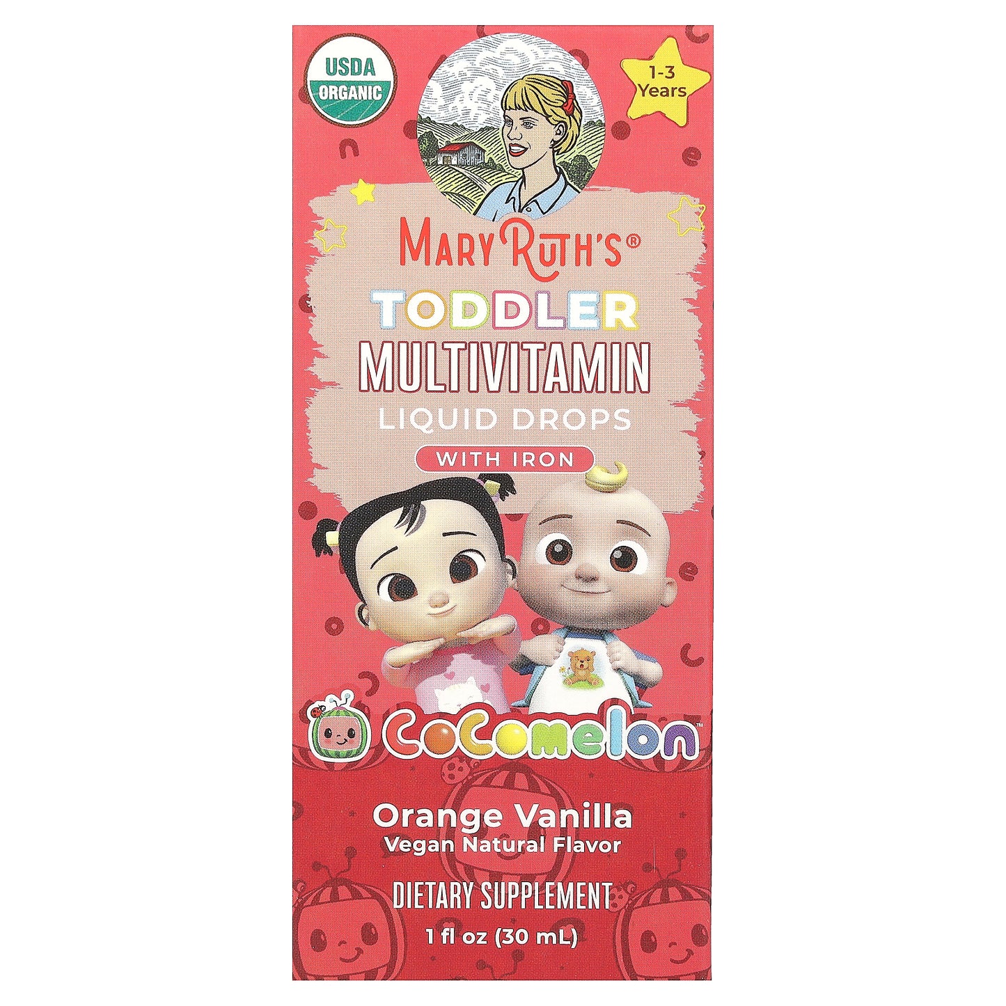 MaryRuth's, Cocomelon, Toddler Multivitamin, Liquid Drops With Iron, 1 - 3 Years, Orange Vanilla, 1 fl oz (30 ml)