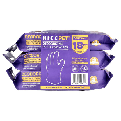 HICC Pet, Deodorizing Pet Glove Wipes, Extra Large, Damask Rose, 3 Pack, 6 Pieces Each