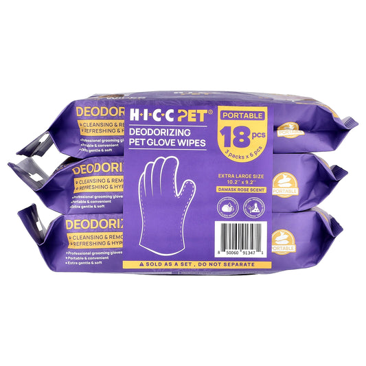 HICC Pet, Deodorizing Pet Glove Wipes, Extra Large, Damask Rose, 3 Pack, 6 Pieces Each