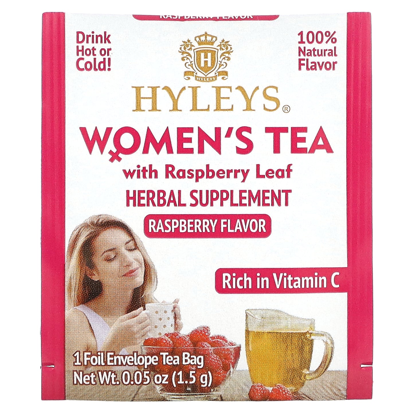 Hyleys Tea, Women's Tea with Raspberry Leaf, Raspberry, 25 Foil Envelop Tea Bags, 0.05 oz (1.5 g) Each