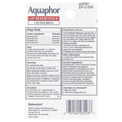 Aquaphor, Lip Repair Stick + Sunscreen, SPF 30, Fragrance Free, 2 Sticks, 0.17 oz (4.8 g) Each