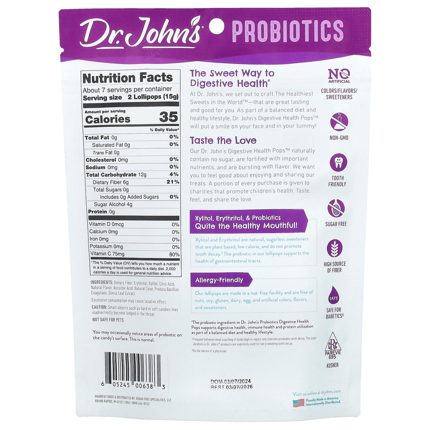 Dr. John's Healthy Sweets, Probiotics, Digestive Health Pops™, + Fiber & Vitamin C, Strawberry, Peach & Apple, Sugar Free, 1 Billion, 14 Individually Wrapped Lollipops, 3.85 oz (109 g)