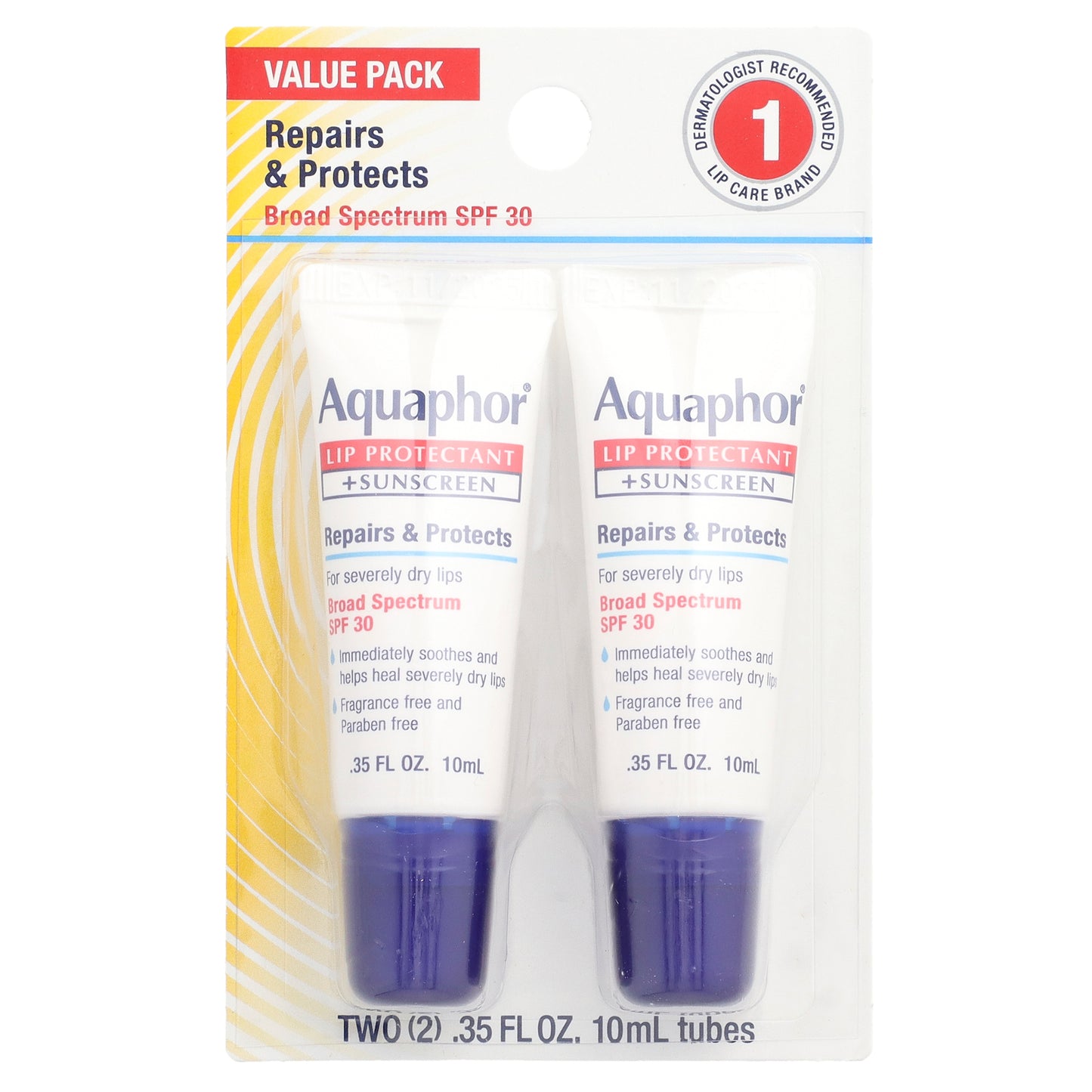 Aquaphor, Lip Protectant + Sunscreen, SPF 30, 2 Tubes, 0.35 fl oz (10 ml) Each