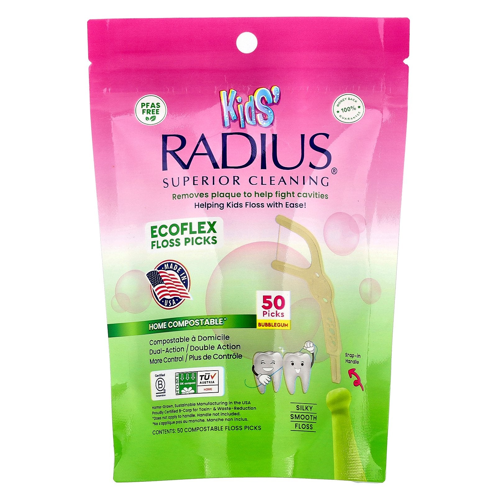 RADIUS, Kids, EcoFlex Floss Picks, Bubblegum, 50 Compostable Floss Picks